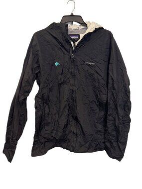 Patagonia Mens XXL Black Hooded Lightweight Windbreaker Jacket With Blue Logo